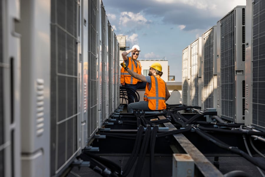 Air conditioning on commercial building inspected.